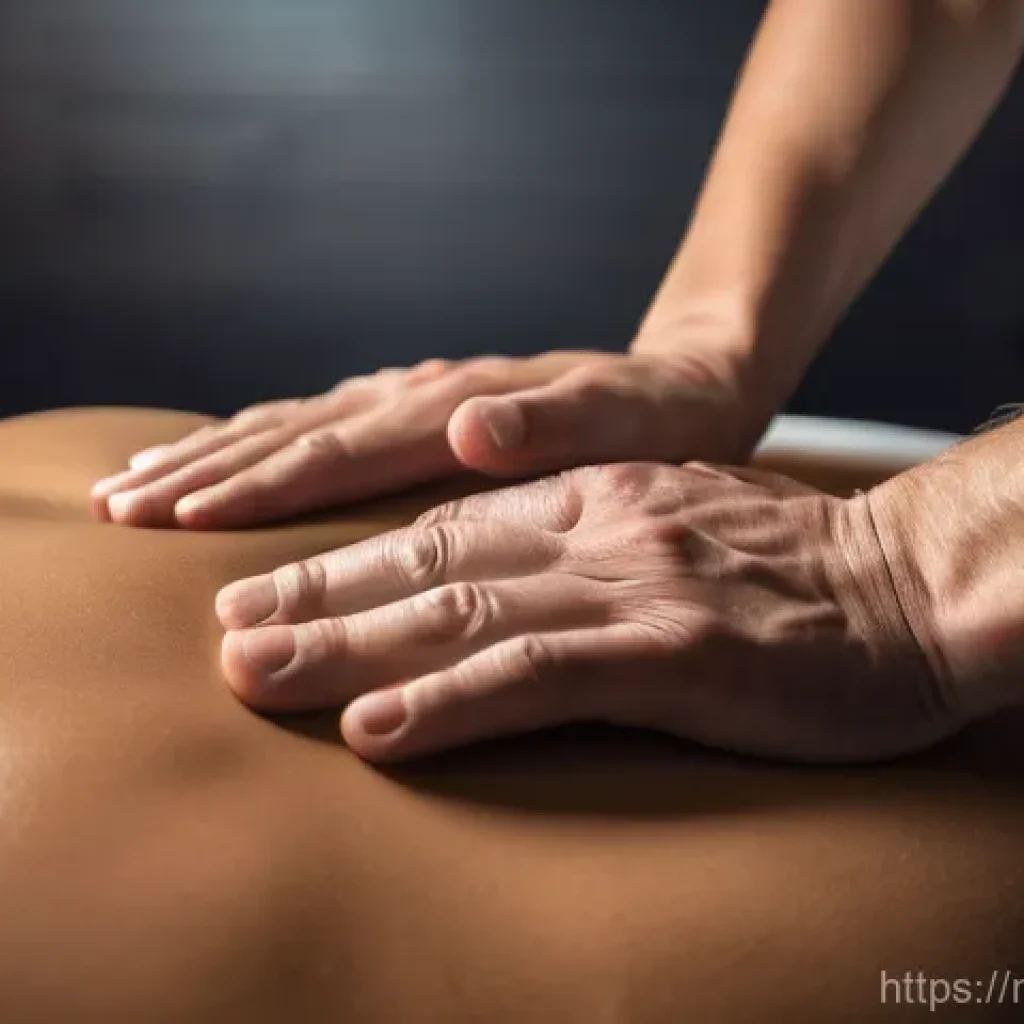 스포츠마사지사의 전문용어 정리 - A detailed, close-up shot of a professional sports massage therapist's hands applying focused, deep ...