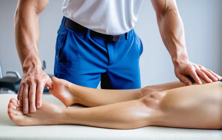 스포츠마사지사의 전문용어 정리 - A detailed, close-up shot of a professional sports massage therapist's hands applying focused, deep ...