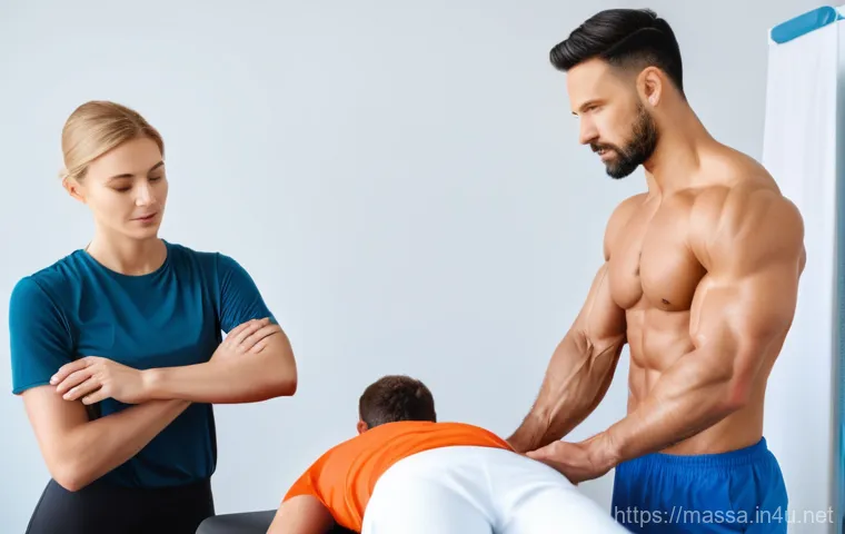 스포츠마사지사의 전문용어 정리 - An image capturing the dynamic process of "myofascial release" on a client's leg, focusing on the in...