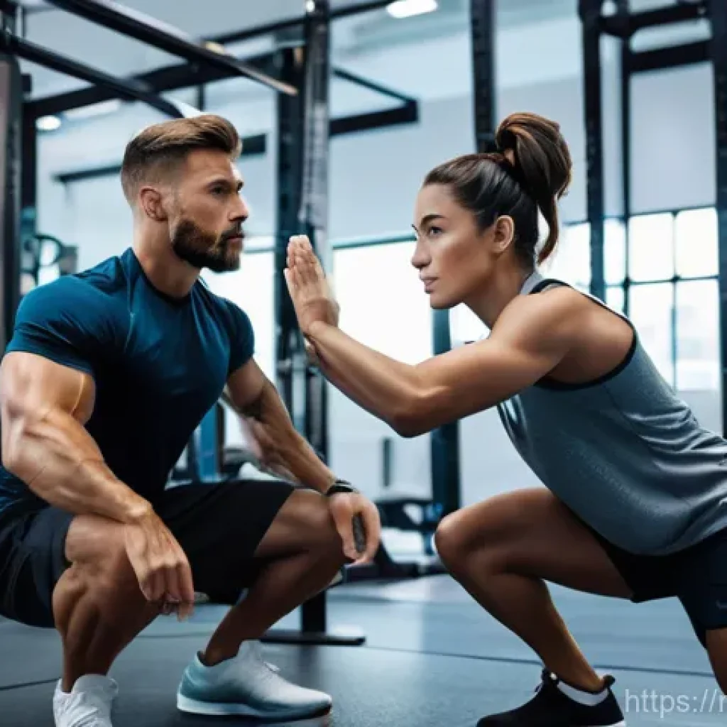 스포츠마사지사 마사지 테크닉 개선법 - A focused female sports therapist, dressed in practical athletic wear, meticulously observes a male ...