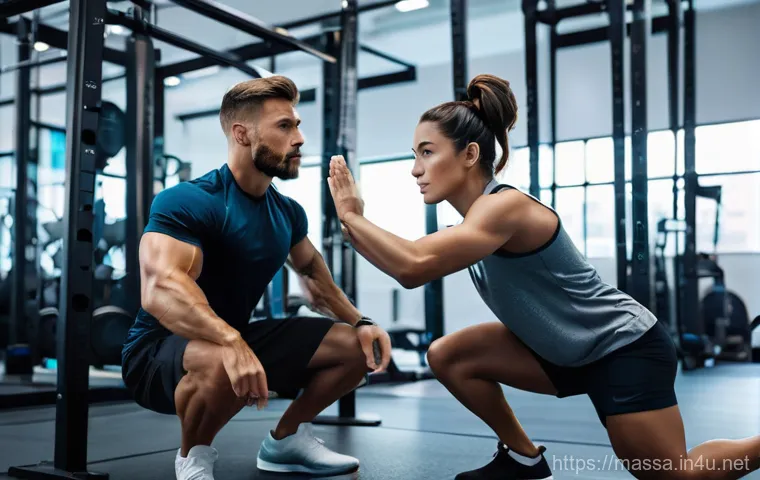 스포츠마사지사 마사지 테크닉 개선법 - A focused female sports therapist, dressed in practical athletic wear, meticulously observes a male ...